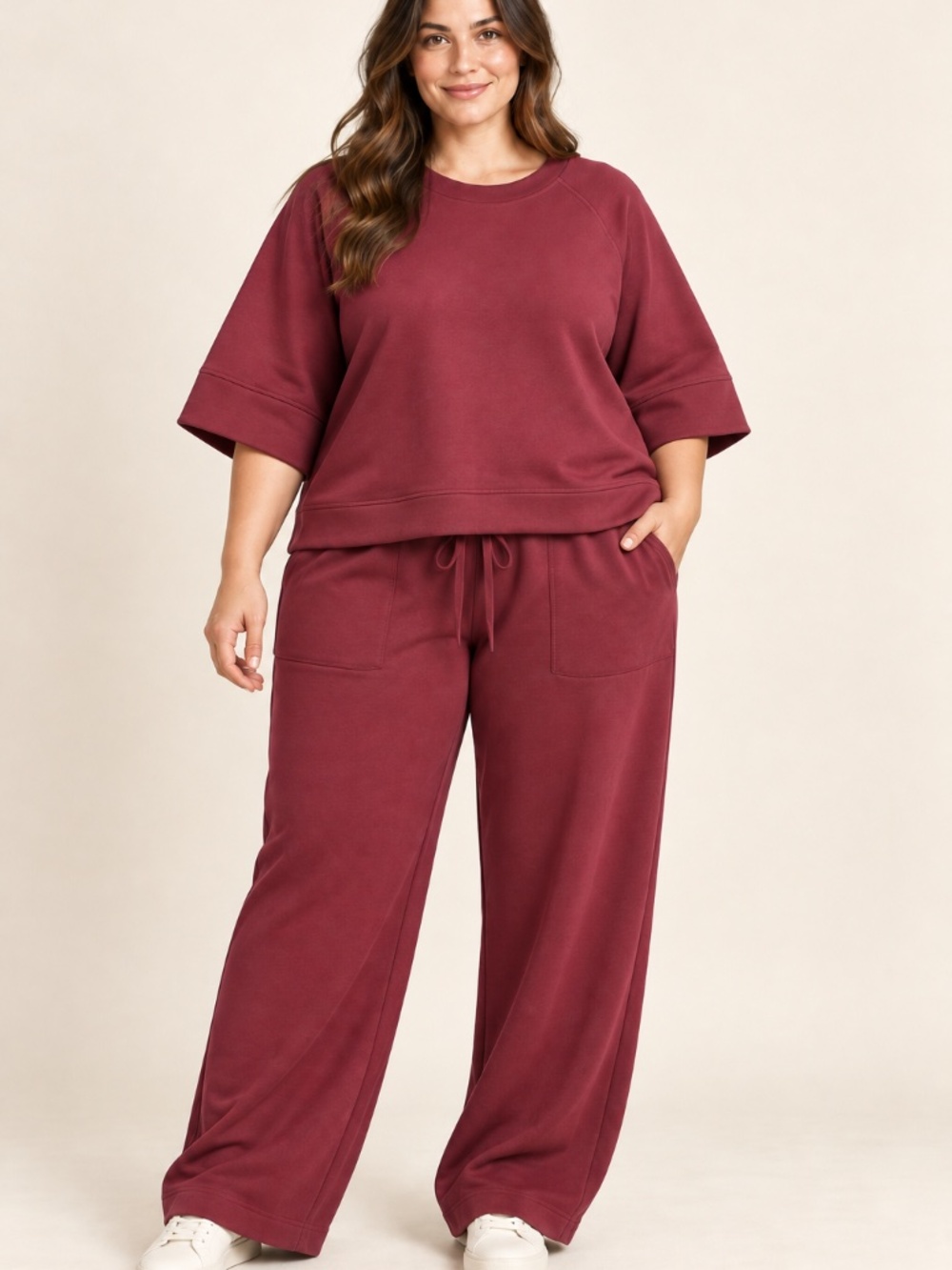 Plus - Zenana Burgundy Scuba Two-Piece Lounge Set Top & Wide-Leg Pants